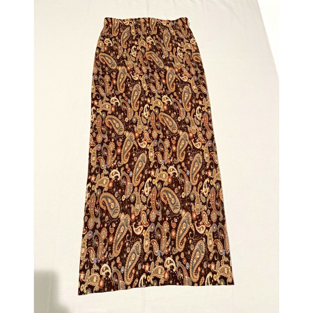 Express Straight Pencil Long Skirt Brown Paisley Pleated Pull-On Elastic Waist S